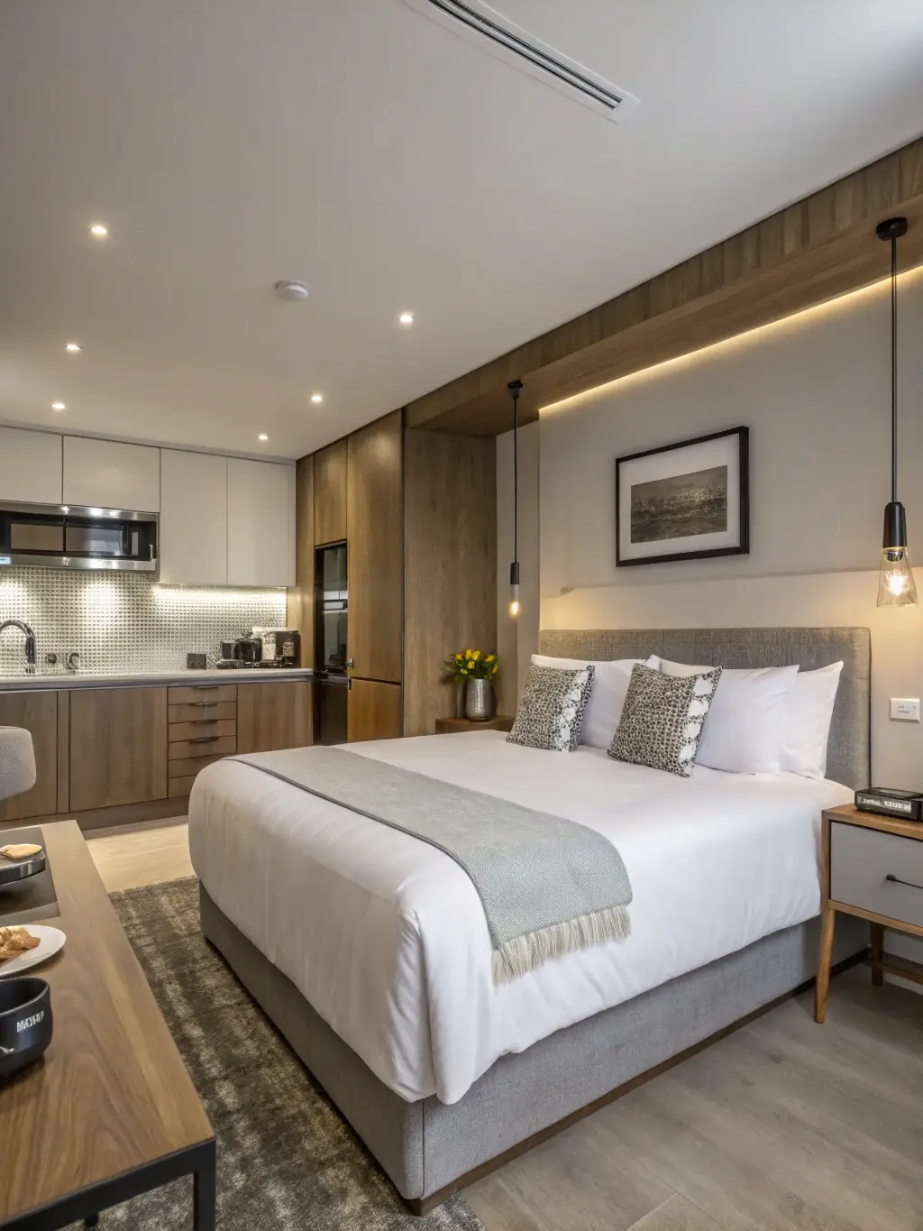 A high-end hotel suite being meticulously cleaned by a Sauber Magic cleaning crew, showcasing attention to detail and luxury.