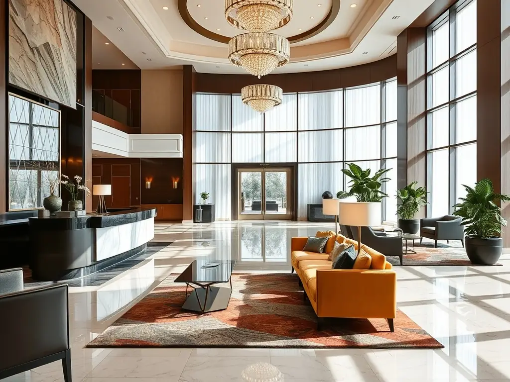 A brightly lit, impeccably clean hotel lobby with polished floors and a welcoming reception area. Focus on the cleanliness and orderliness of the space, highlighting the attention to detail.